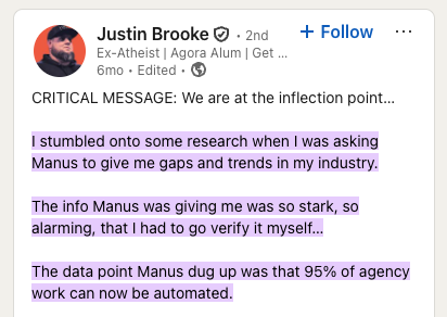 Justin Brooke LinkedIn post about 95% of agency work being automated